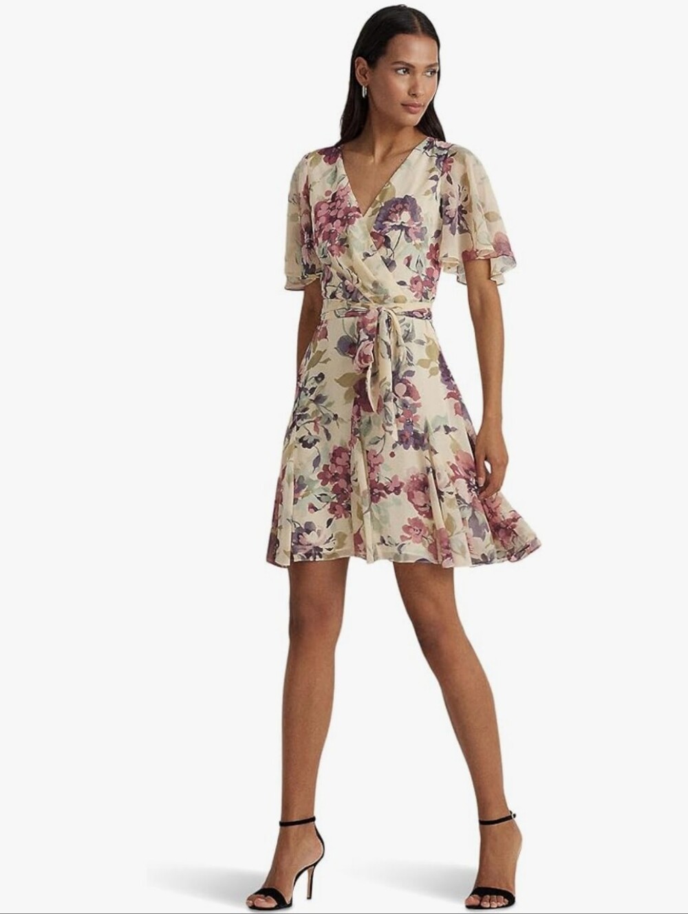Ralph Lauren Size 6 Floral Wrap Short Dress in Cream and Pink Flutter Sleeves